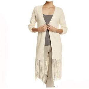 360 Cashmere Blend Cardigan Sweater Fringe Detail Long Size Small Ivory Cream
